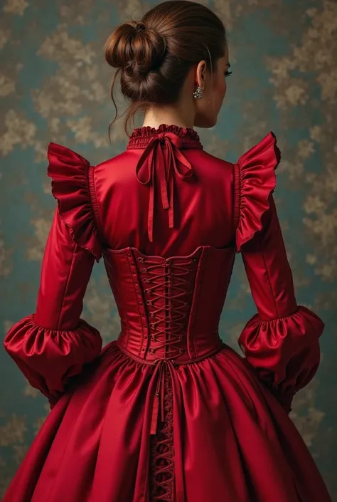 Let’s create an image. Back and front frames please. Imagine a Victorian blouse. Red in color. Ruffles on both arms, long sleeved and some running down the neck like a tie. Down to the torso is a corset that snatches the waist. 