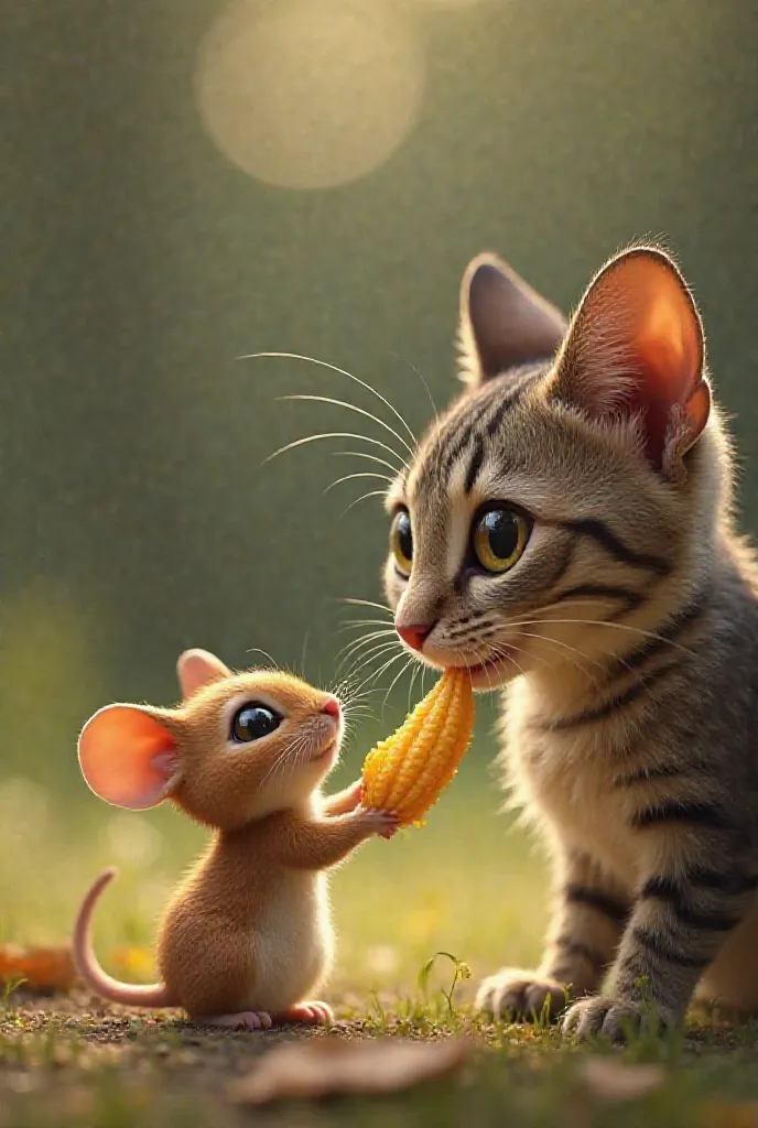 The mouse giving one finger of plantain to the cat, who is eating it eagerly.