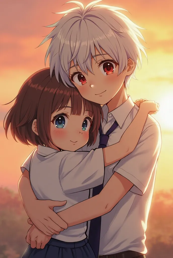 Brown-haired, short hair, slightly curly. A girl in a white shirt and tie with blue-green eyes is hugging a white-haired boy with short hair, red eyes and a scar on his right eye. He smiles gently and hugs the girl, and the girl is also happy against the s...