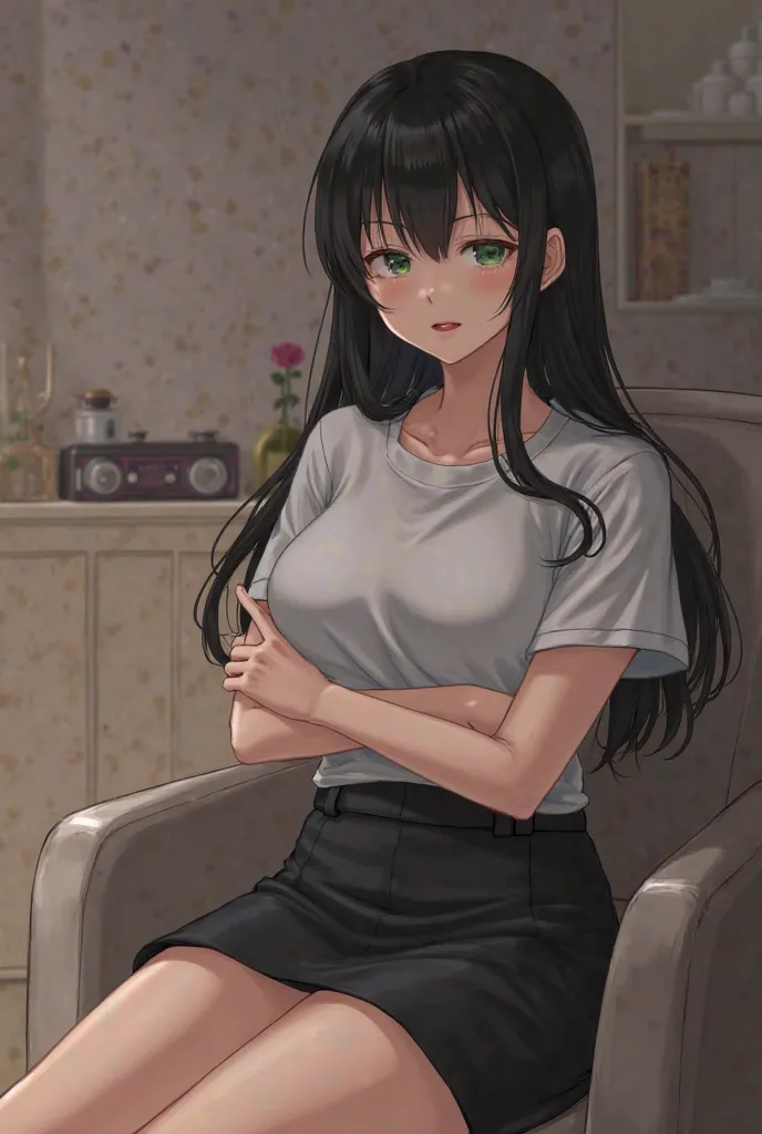 (sfw:1.5), (realistic ), (Masterpiece, t-shirt, high resolution, Detail of hands,  detailed fingers , Detail of the face, thick red lips ,  detail of the leg ), (1 girl, Alone ,  Detail of the girl ,  20-year-old girl ), (black hair, long hair, green eyes ...