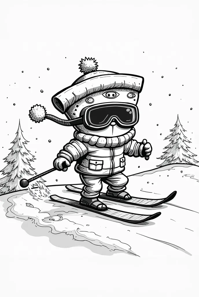 
Sketch comic illustration of a pizza with a jacket and goggles for skiing in winter, Let it be only in black strokes, Use the style of the comic book Calvin and Hobbes as a reference