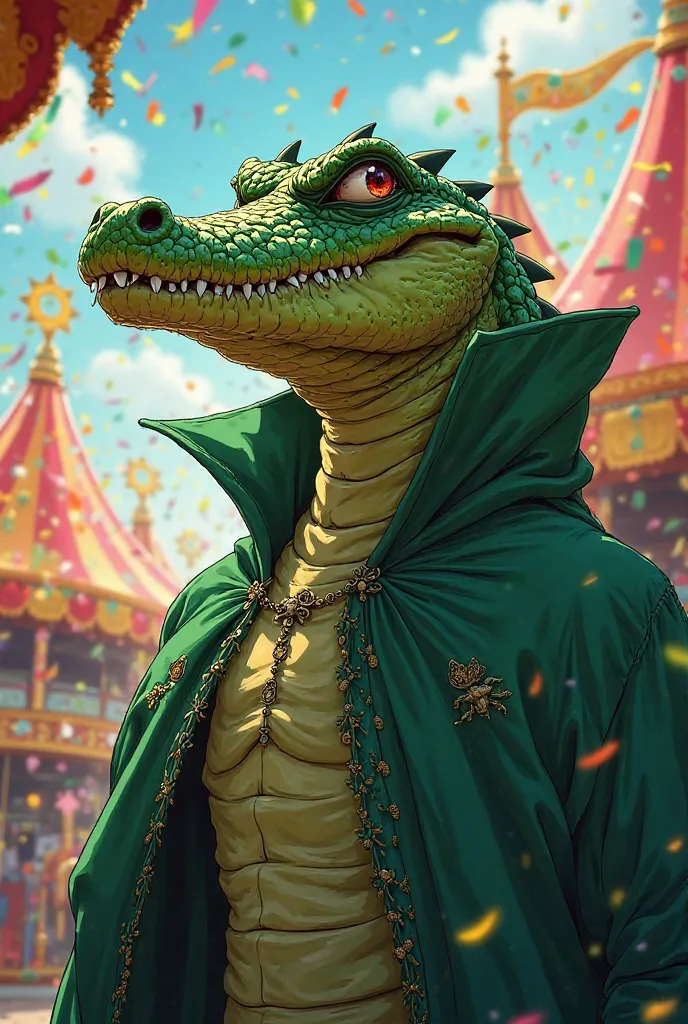 Photo of an anime CROCODILE without glasses, Wearing a green cape at Carnival with an evil face 