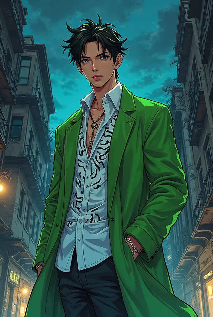 Create an image of a ager, with a green coat and a white shirt underneath with a white tiger print, His look is flamboyant. anime-style image against a background of an abandoned city at night