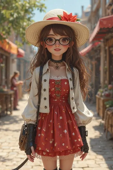 Slim petite female, long brown hair, white hat with red band and flowers, glasses, smiling which reveals missing front teeth, red patterned sun dress, white summer jacket, black knee boots, choker, all in a steampunk style, steampunk village street setting...