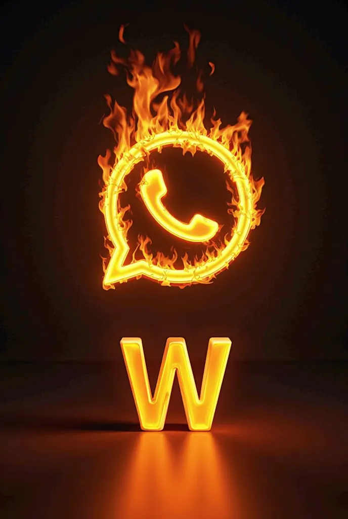 A WhatsApp logo in the shape of a fire. The WhatsApp is created using orange and yellow flames. The background is black. Likewise, below the logo there is a 3D printed golden letter slightly illuminated with orange neon light the text "bonita tarde, cariño...