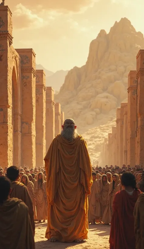 An ancient desert city with a mystical atmosphere, featuring Prophet Lot in traditional attire addressing a crowd.