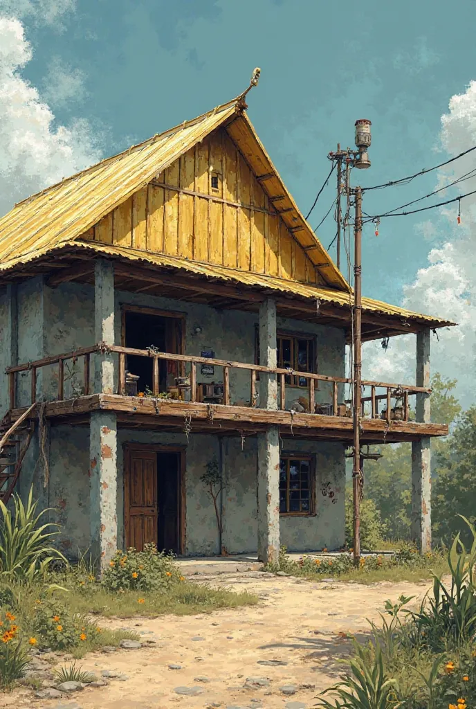 Generate an image of In a quiet village where non-living things have a life of their own, there is a house built by a hardworking carpenter. The building has strong pillars made from high quality cement and is structured with unbreakable metals, yet unpain...