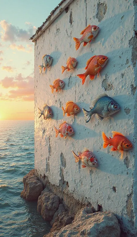 Surreal image of a half-ruined white wall with hyperrealistic drawings of colorful fish. The background is the ocean with an orange sunset 