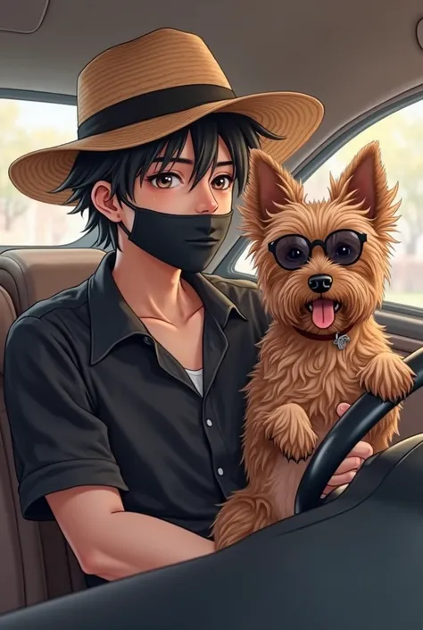 A slightly young man wearing a straw hat with a black cloth covering his mouth and wearing a black outfit with his Yorkshire dog wearing sunglasses on his lap and they are in a car and in the back seat there are some beautiful women smiling anime photo 