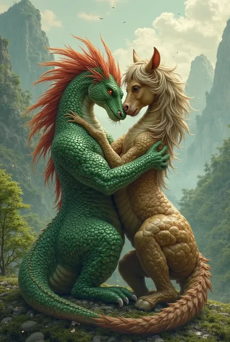 Create an image for me of a green dragon with a red crest that embraces with love a bay horse with a curly mane