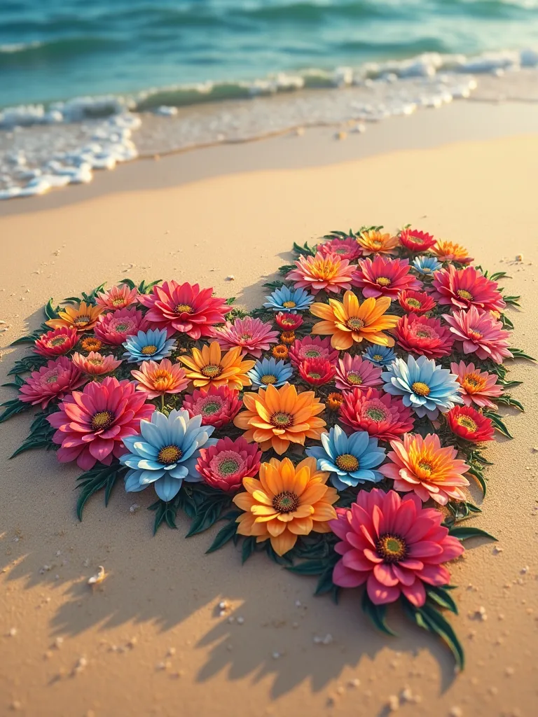 Flowers on the sand forming a beautiful heart, colorful and beautiful masterpiece, Anatomically Correct, Awarded multiple times,  Textured Skin , art nouveau, 