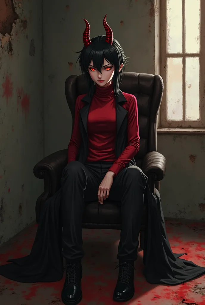 Bleach style,woman,black haired tied to a low ponytail,4 crimson black horns,red eyes with yellow diamond pupils,wearing a red long sleeved turtleneck with black overcoat over turtleneck,black pants,black shoes,sitting on chair in dimly lit room with a des...