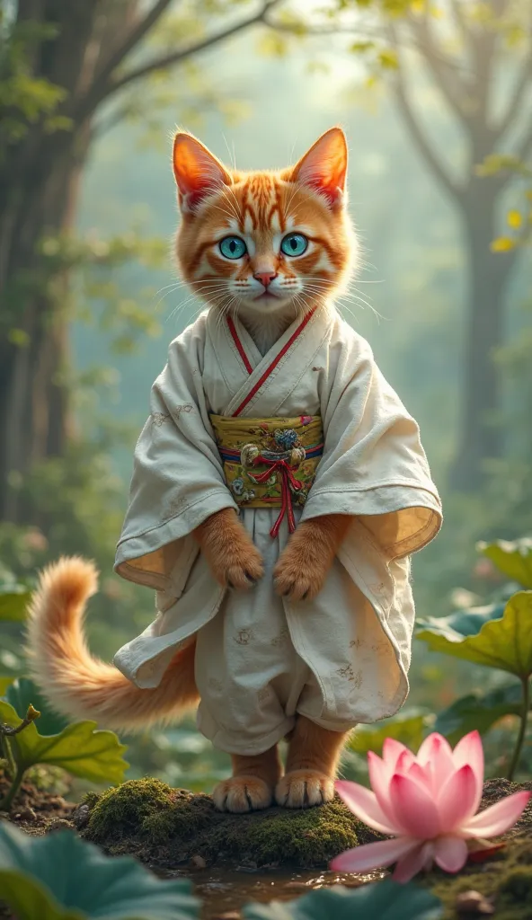 Create a realistic image of a full-length red little cat standing on one paw with blue eyes , in a worn white kimono  , against the backdrop of a fairytale forest and lotus flowers , soft light and a magical atmosphere ."blue eyes looking at the camera 