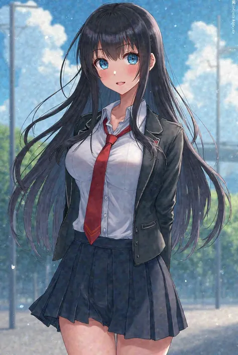 A beautiful young woman with long and long black hair, wearing a sexy and sexy school uniform. This young woman's eyes are as blue as the sky, Her lips are reddish , your face transmits peace and sensuality, Your body is hourglass-shaped, She has big thigh...