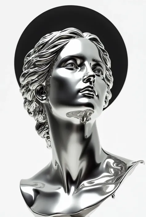 A Roman-style female statue, entirely made of ultra-reflective silver metal, with a hyper-polished and extremely shiny finish, almost like a chrome mirror. Silver should be clear, shiny and intense, reflecting light dramatically.

The face is completely sm...