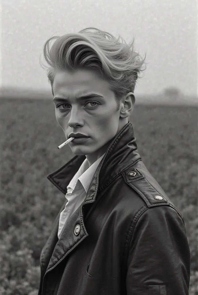 # Physical appearance
- Blonde hair, possibly disheveled or with a stylish cut "Pompadour"
- Blue eyes, with an intense or melancholic look
- Thin, face with angular features and a straight nose
- Thin lips, with a cigarette hanging from the mouth
- Slim b...