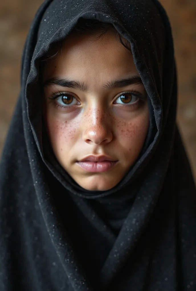 A veiled girl, her eyes are wide, her eyes are black, her nose is medium in size, her upper lips are thin, her lower lips are medium, her cheeks are round, her cheeks are thin, her skin is wheat, her eyebrows are thin, she does not have freckles, and her c...