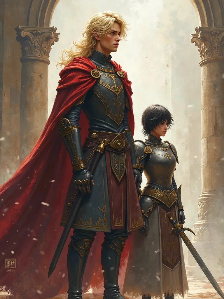 Boy prince blond hair tall next to him stands short  Black hair  in armor with a sword 