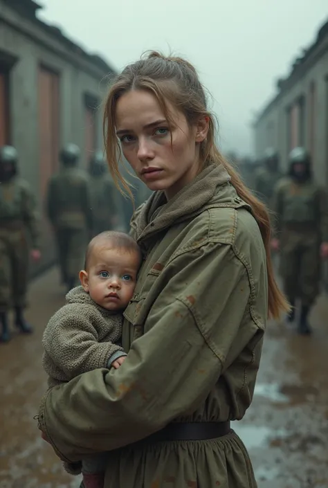 Show me a young woman (21 years old) with light hair and light eyes, dystopian era, in simple clothes as a runaway at a military camp, she’s also a new mom with an 