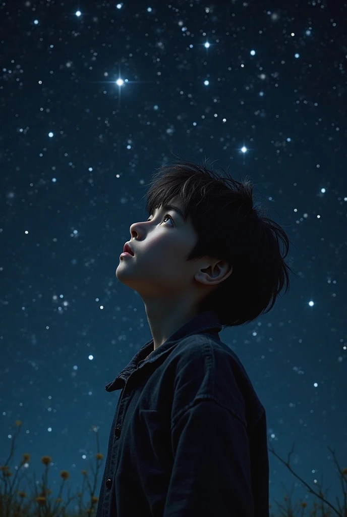 A handsome boy looking star on the sky