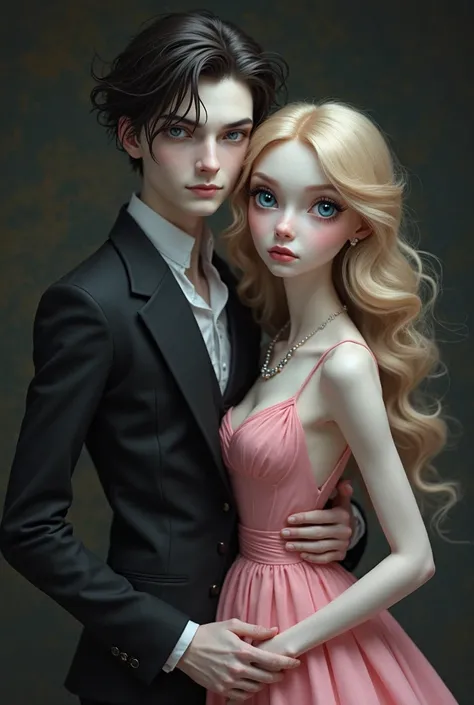 A dark haired, white skinned gentleman. The gentleman has blue eyes and is very handsome. And a beautiful lady with blondè hair and big blue eyes. The lady is skinny and white skinned. The gentleman and the lady are holding each other. The lady is wearing ...