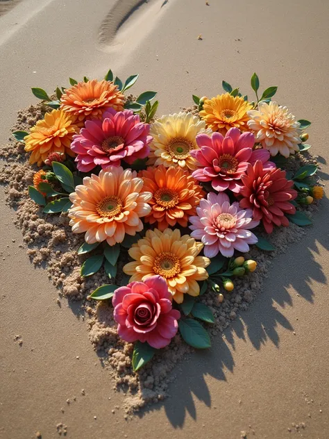 Flowers on the sand forming a beautiful heart, colorful and beautiful masterpiece, Anatomically Correct, Awarded multiple times,  Textured Skin , art nouveau, High details, quality,  lines of emphasis , 