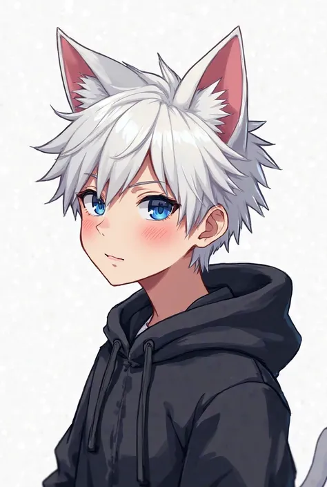 Cartoon cartoon male character white hair blue eyes cat ears black hoodie white background half body 