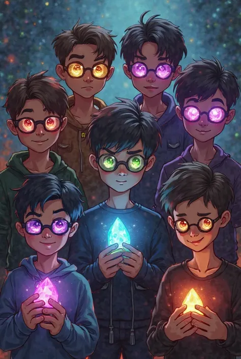 A group of 7 people who are 6 boys and 1 are three boys wear glasses where each one has a magic stone where the stones they have are 7 and each one has different colors where each character wears a stone 