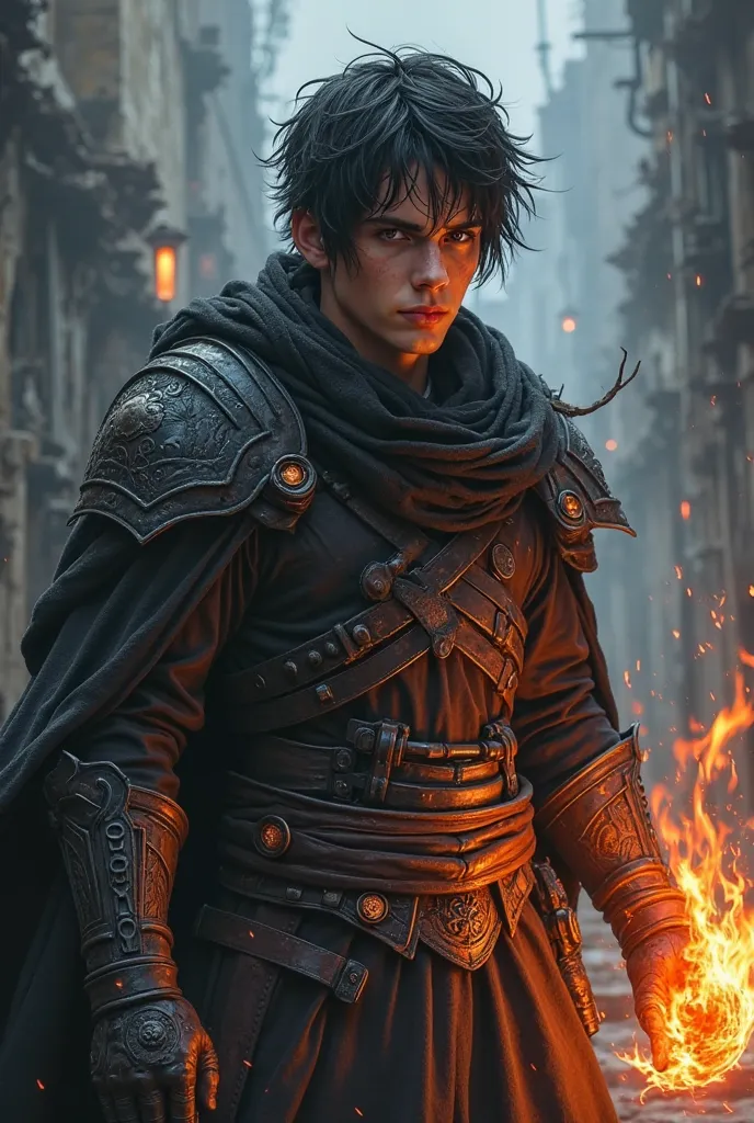 "A dark fantasy character, Kael, a 20-year-old half-demon in a post-apocalyptic world. He has striking red eyes and dark, messy hair with a few streaks of silver. His expression is intense and determined, with a hint of sadness. He wears a tattered, dark c...