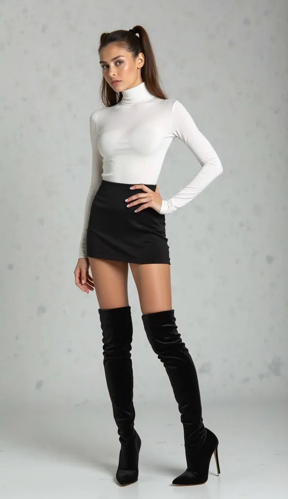 Young white brunette standing in a studio. she is wearing a light tight white turtleneck and a too short black elastic miniskirt. she has a two ponytails on the top of her head, black velvet over-the-knee boots with stiletto heels and high soles, and black...