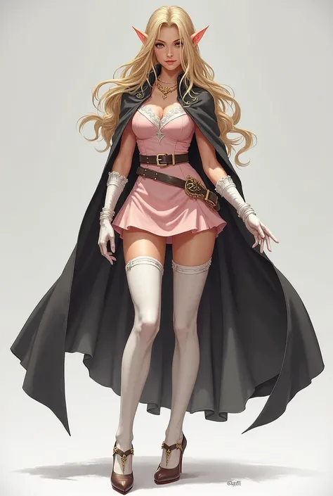 Elf guy, flat chest, with blond hair, in a light pink short dress, long white stockings above the knee, elbow-length white gloves, covering the palm, wearing high-heeled shoes with a buckle, a sheath on a belt, in a dark cloak