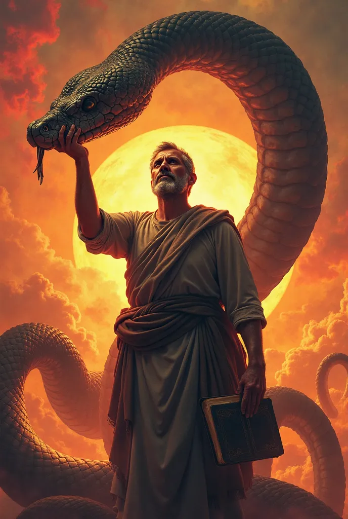 A man holding a bible in his left hand and in the other holding the severed head of a large cobra snake against a background full of bright fiery colors 