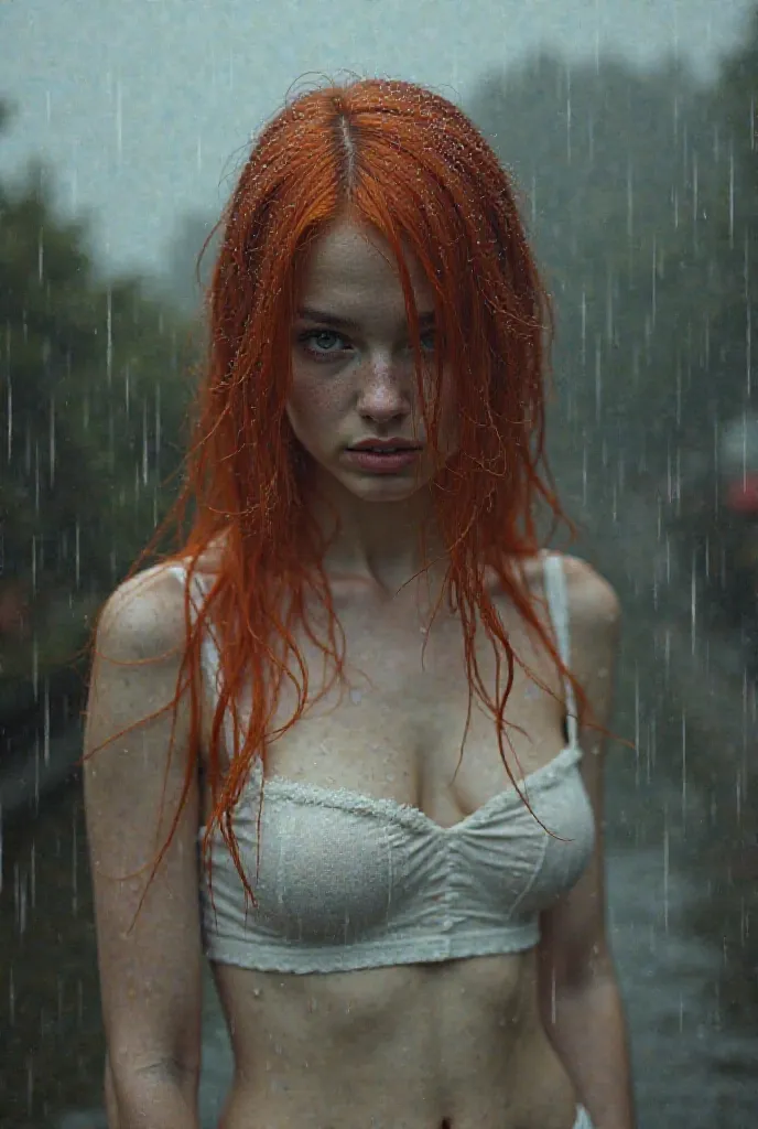 Red haired girl in the rain wearing white wet transparent crop top showing her mammilla