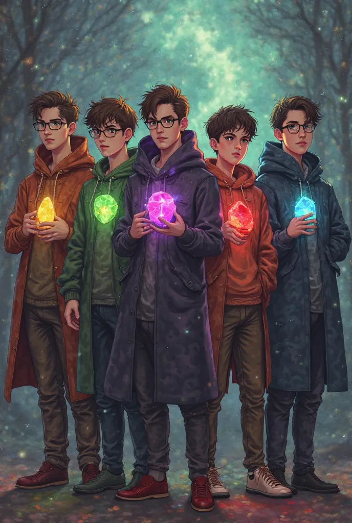 A group of 7 people who are 6 boys and 1 is three boys wear glasses where each one has a magic stone where the stones they have are 7 and each one has different colors where each character wears a stone where a person in the group is and I want each charac...