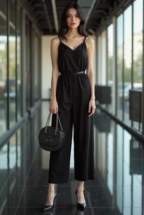 A full body view of a beautiful french with realistic dkin texture, bright fair glossy shiny skin and freckles model with black sleek hair(wearing  a sleeveless black colour jumpsuit  baggy  holding a mini black 3d  Crescent shaped bag with both hands stri...