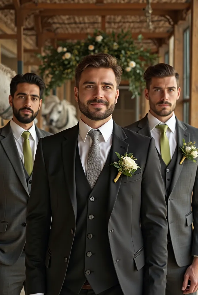  Handsome Arab man dressed in a black three-piece suit , silver tie and white shirt   , marrying a young man with brown hair and a trimmed beard who wears a three-piece dark gray suit with a white shirt and lime-colored tie in a stable decorated with flora...