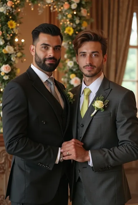  Handsome Arab man dressed in a black three-piece suit , silver tie and white shirt   , marrying a young man with brown hair and a trimmed beard who wears a three-piece dark gray suit with a white shirt and lime-colored tie in a stable decorated with flora...