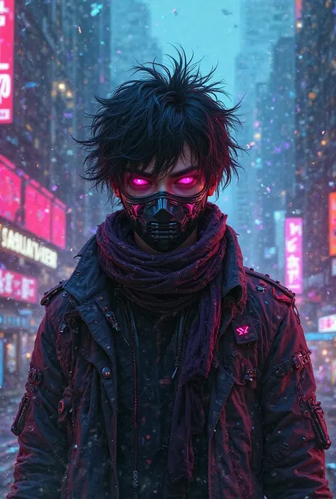 "A cyberpunk-inspired book cover with a mix of dark mystery and vibrant chaos. The scene features a futuristic cityscape with neon lights, glowing billboards, and a stormy sky. In the foreground, Yuri, the protagonist, stands with a sleek, high-tech mask p...