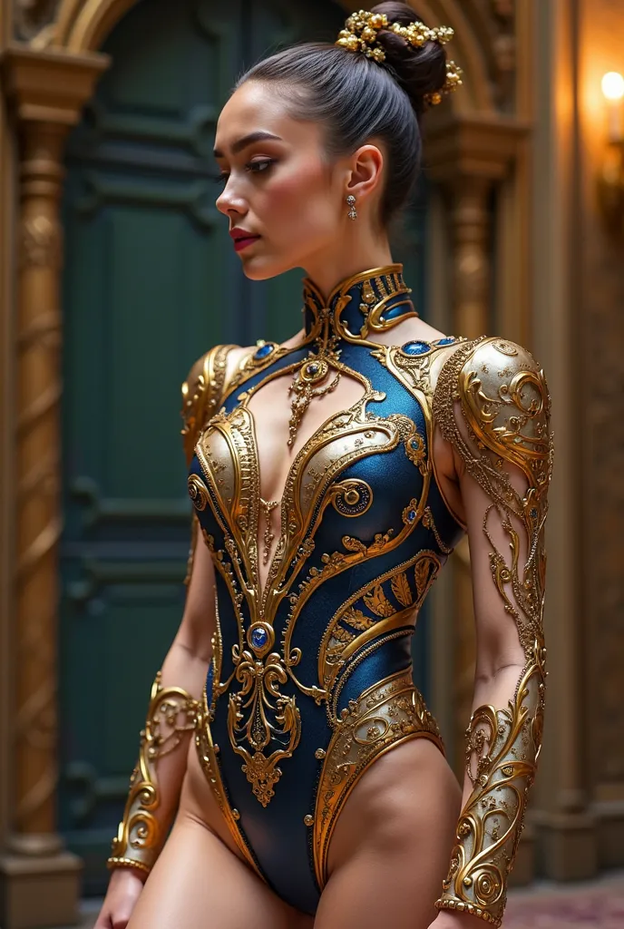 create a gymnast bodysuit inspired by the watch, Character from Beauty and the Beast.