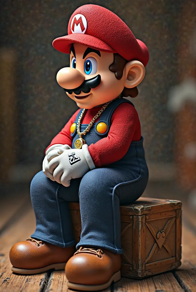 I want you to design me the most realistic picture there is of Super Mario who looks like a criminal with tattoos, who has a suit and pants from Louis Vuitton, and who is sitting on building blocks and the blocks are sitting on a wooden surface. I want Sup...