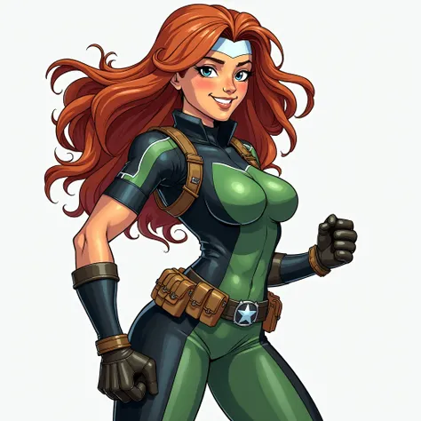 Rogue from the X-Men, Her figure is robust and athletic, with generously proportioned thighs and a slightly wider build, suggesting a powerful physique capable of absorbing and wielding superhuman abilities. Her arms are slightly muscular, Her face is yout...