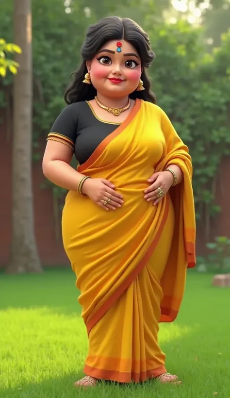 A some fatty lady 40years, black short blouse and yellow saree, marathi look, standing on green grass in garden, face fare with sweet smile and red lips, bindi on head, looking at front pose, hot feature, image in 3d realistic animation style 