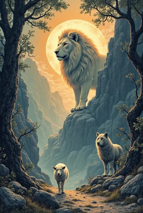 A breathtaking illustration merging the timeless elegance of Toile de Jouy with a powerful biblical vision inspired by Psalm 23. At the heart of the composition, a delicate white lamb walks through the ominous ‘Valley of the Shadow of Death,’ surrounded by...