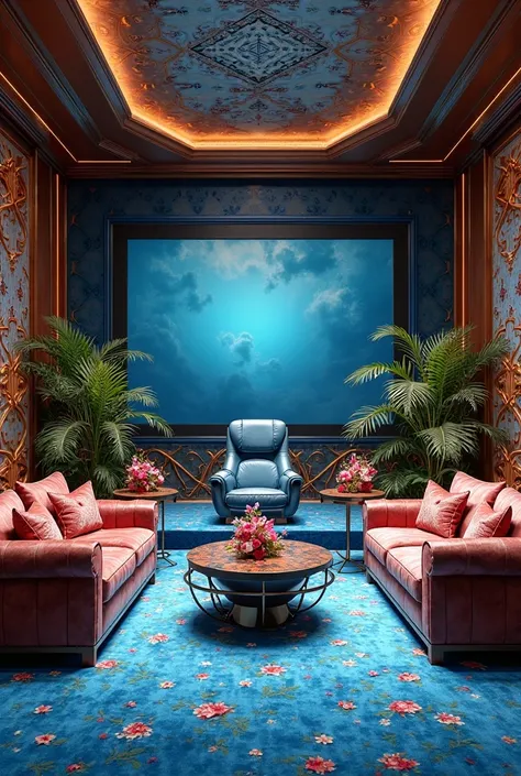 A large reception room with cinema screen TV and massaging chair and blue silk carpet and very expensive furniture and flowers and plants. 