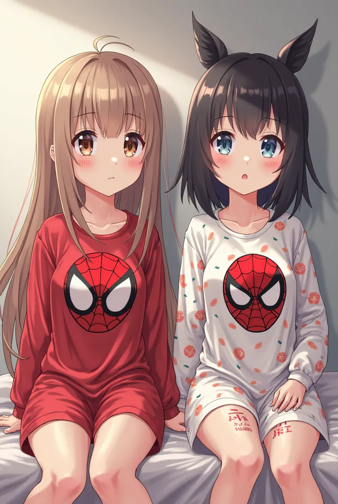 Two s, one of them has slightly light brown hair, and s long while the other has dark brown hair, seeds, is a little taller and is . Like real girls, too cute and sweet, wearing Spiderman and Pochacco pajamas. 