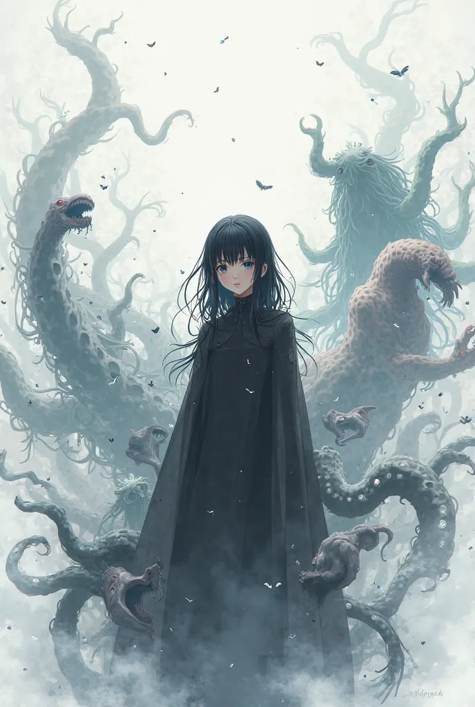 black anime girl with white background with tons of monsters