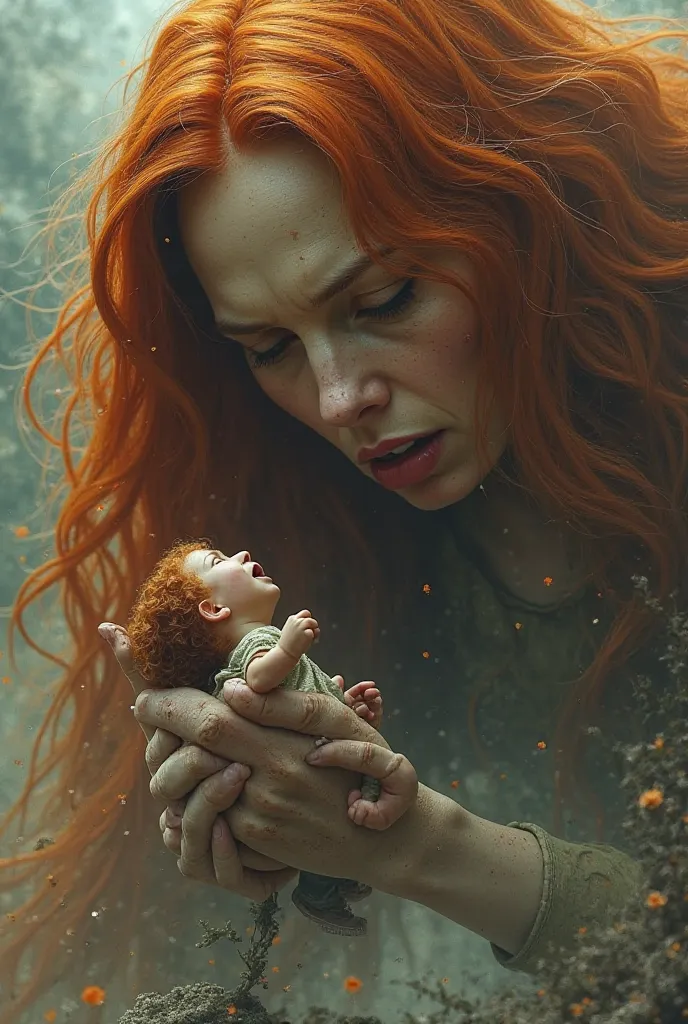 Ginger woman eats tiny man