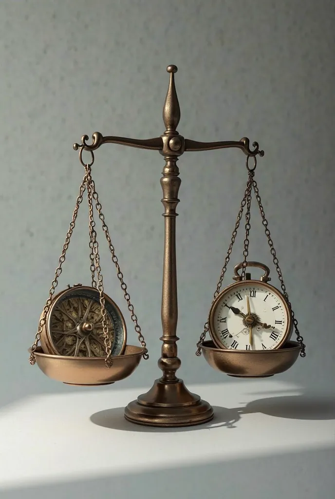 Make an image of a scale, on one side it must have a pendulum clock and on the other a compass 