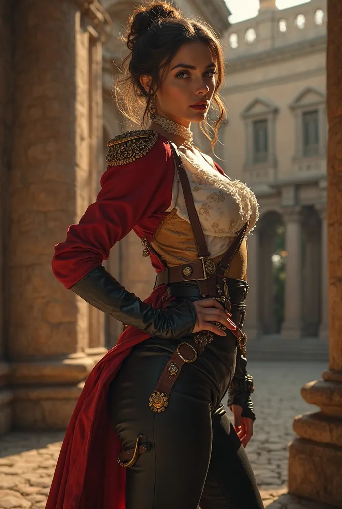 beautiful spanish MILF, sexy and seductive, full lips, brunette hair, pretty hazel eyes, cute face, bun, sexy hourglass body, huge large breasts, DDD size cup breasts, slim waist, slender body, perfect rounded ass. Disguised as a male hussard of Napoleonic...