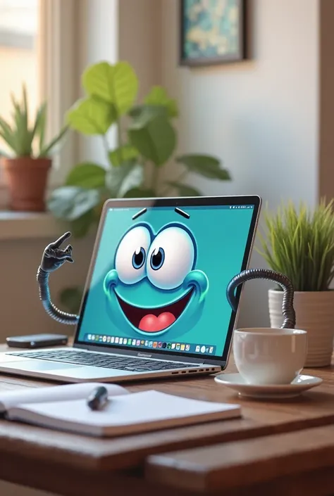 A cheerful, cartoon-style laptop with big, expressive eyes on its screen and a friendly, smiling mouth below them. The laptop has a sleek silver or light blue body with a glowing keyboard. The screen displays a bright, friendly interface with colorful icon...